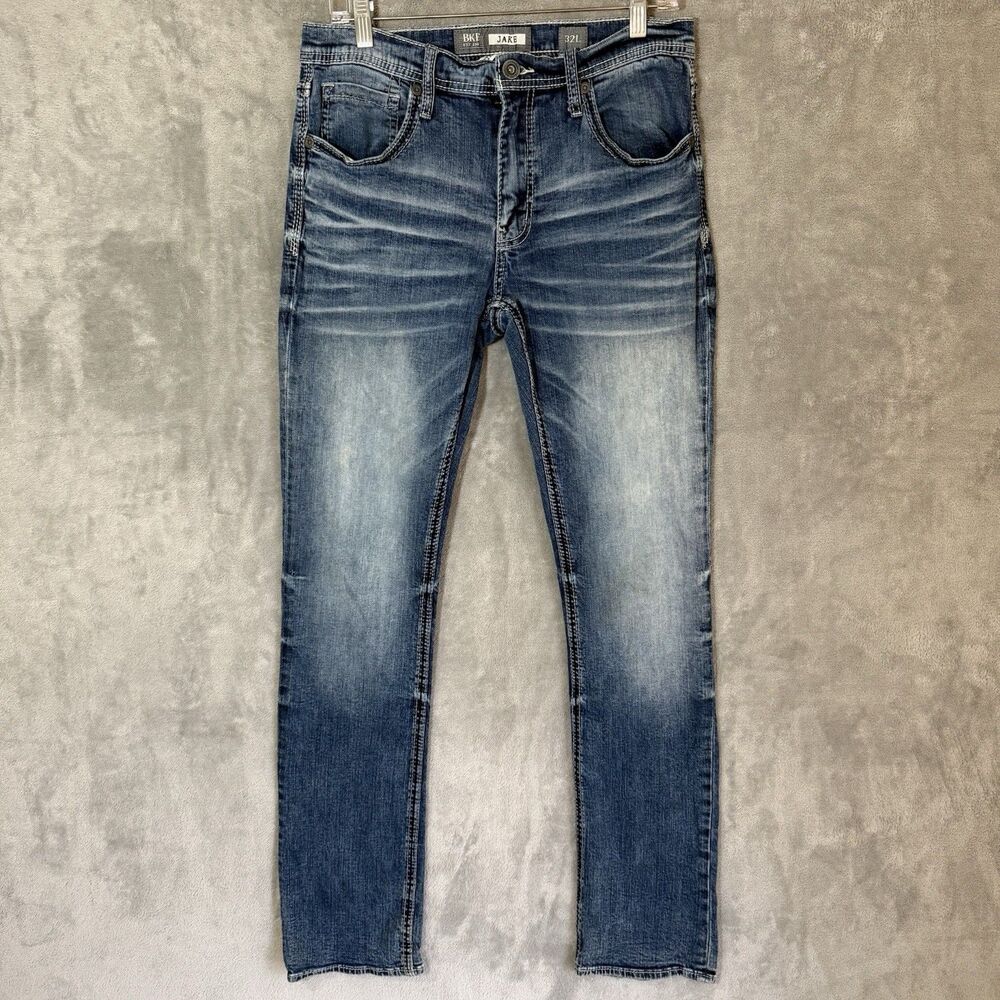 BKE Jake Jeans Men’s 32L (*32x32) Blue Denim Straight Thick Stitch Whiskered